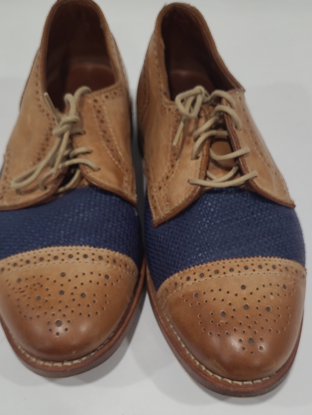 VTGE ALLEN EDMONDS Mens Two-Tone Leather & Navy Fabric Wingtip Oxford Shoes 8.5